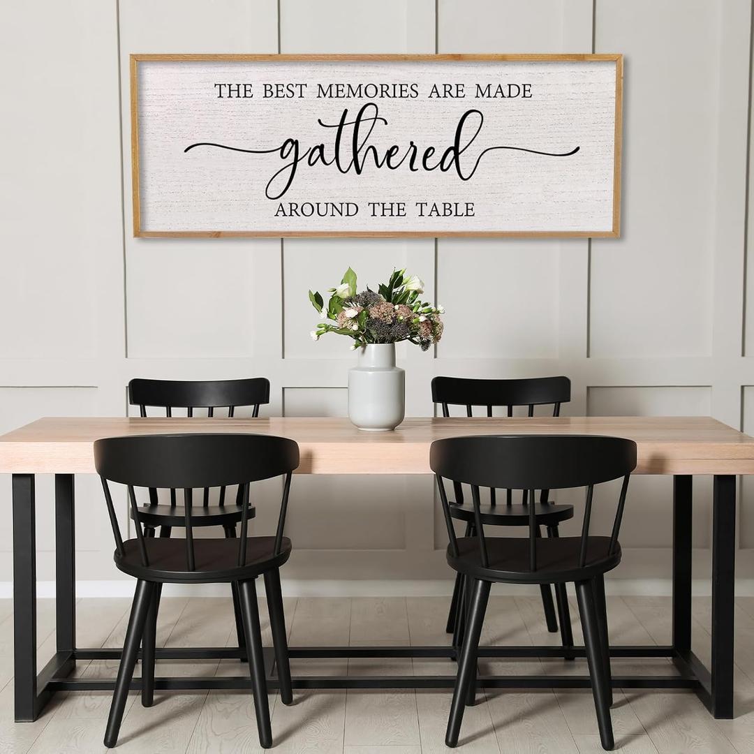 The Best Memories Are Made Gathered Around The Table Sign Wall Art Decor 40 x 15 Inch Dining Room Large Rustic Farmhouse Wood Framed Kitchen Home Wall Hanging Decoration (Wood)