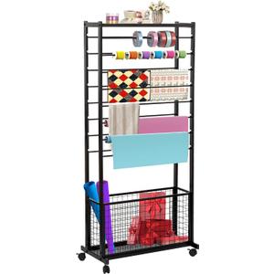 Ribbon Holder Organizer Rack, 16 Tier Ribbon Storage Organizer, Movable Metal Vinyl roll Storage with Storage Basket, Gift Wrapping Organizer Storage for Craft Room Flower Shop
