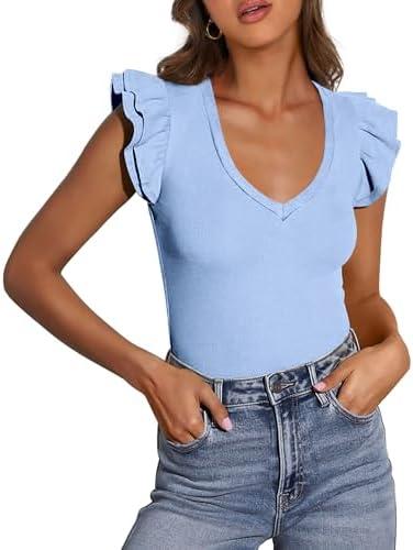 PRETTYGARDEN Womens V Neck Summer Tops Ruffle Sleeveless Slim Fit T Shirts Going Out Casual Blouses 2025, Army Green, Small