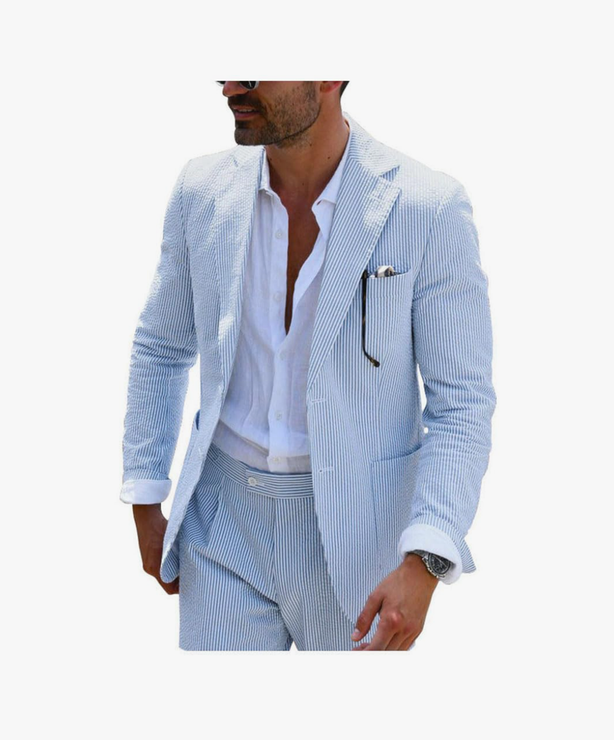 Leisure Mens Striped Seersucker Slim Fit Suit Grooms Lightweight Sear Sucker Suit for Wedding XL
