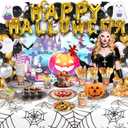 278 Pcs Happy Halloween Tableware Party Supplies Contain Forks Spoons Knives Paper Plates Balloons Tablecloth Ghost Banner Backdrop Bat stickers (Type 2)