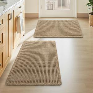 Upgraded Waffle Bath Mats Set of 2, Super Absorbent Non Slip Bath Mats for Bathroom Floor, Washable Boho Bathroom Rugs Set 2 Piece with Tassels, Soft Bathroom Mat Set, 17" x 24" (2 Pack), Brown