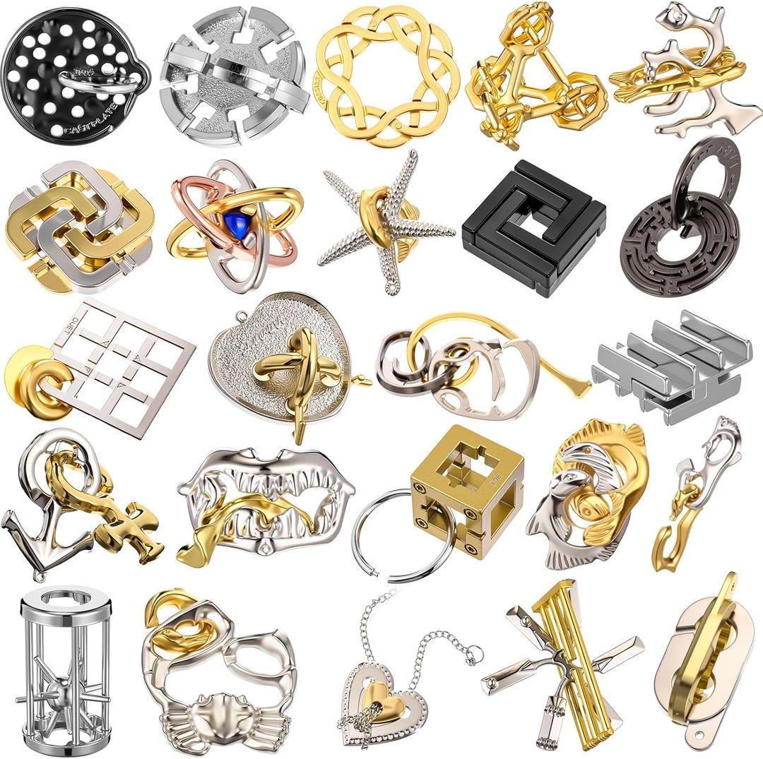 24 Pcs Metal Brain Teaser Puzzles Assortment for Adults Difficult Magic Puzzles Highly Hard Brain Games Iq Logic Test Disentanglement Game for Mind Challenge(Funny)