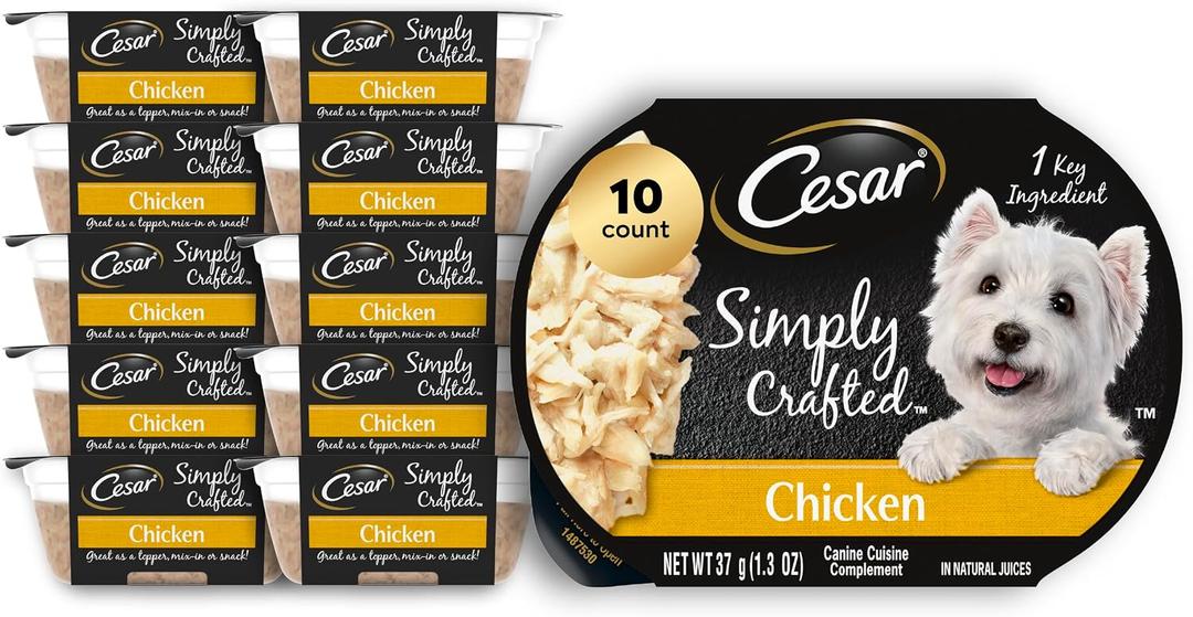 Cesar Simply Crafted Adult Wet Dog Food Toppers for Dry Food, Chicken, 1.3 oz Tubs, 10 Count (EXP 03/12/28)