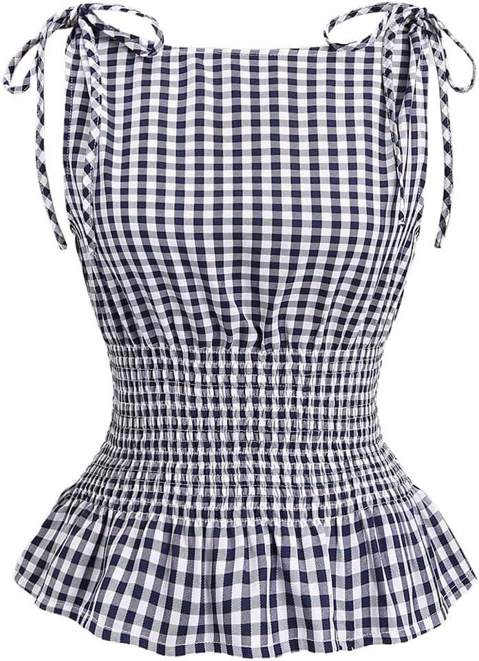 Women's Gingham Tie Shoulder Tank Tops Sleeveless Shirred Ruffle Hem Shirts (Large, Blue)