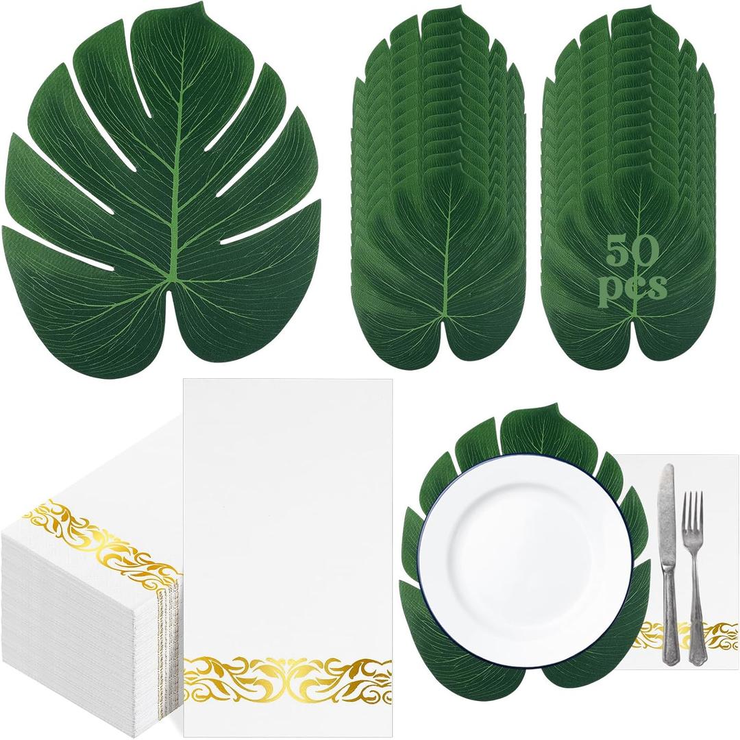AmazingSpark 50 Pcs Palm Leaf Placemats and 75 Pcs Disposable Gold Foil Trim Guest Napkins for Wedding Birthday Party Bridal Baby Shower Hawaiian Luau Tropical Table Centerpiece