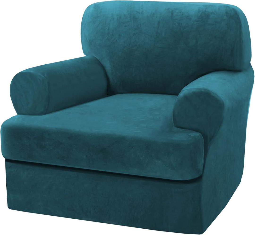 H.VERSAILTEX Sofa Cover 2 Piece T Cushion Armchair Slipcovers Velvet Couch Cover Furniture Protector Stretch T Cushion Sofa Covers for 1 Cushion Couch with 1 Individual T Cushion Covers, Deep Teal Size: 1 Cushion Armchair