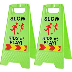 Slow Kids at Play Signs for Street, Double-Sided Text and Graphics with Reflective Tape, Children at Play Safety Sign for Neighborhoods Schools Park Sidewalk Driveway (2-Pack Green)