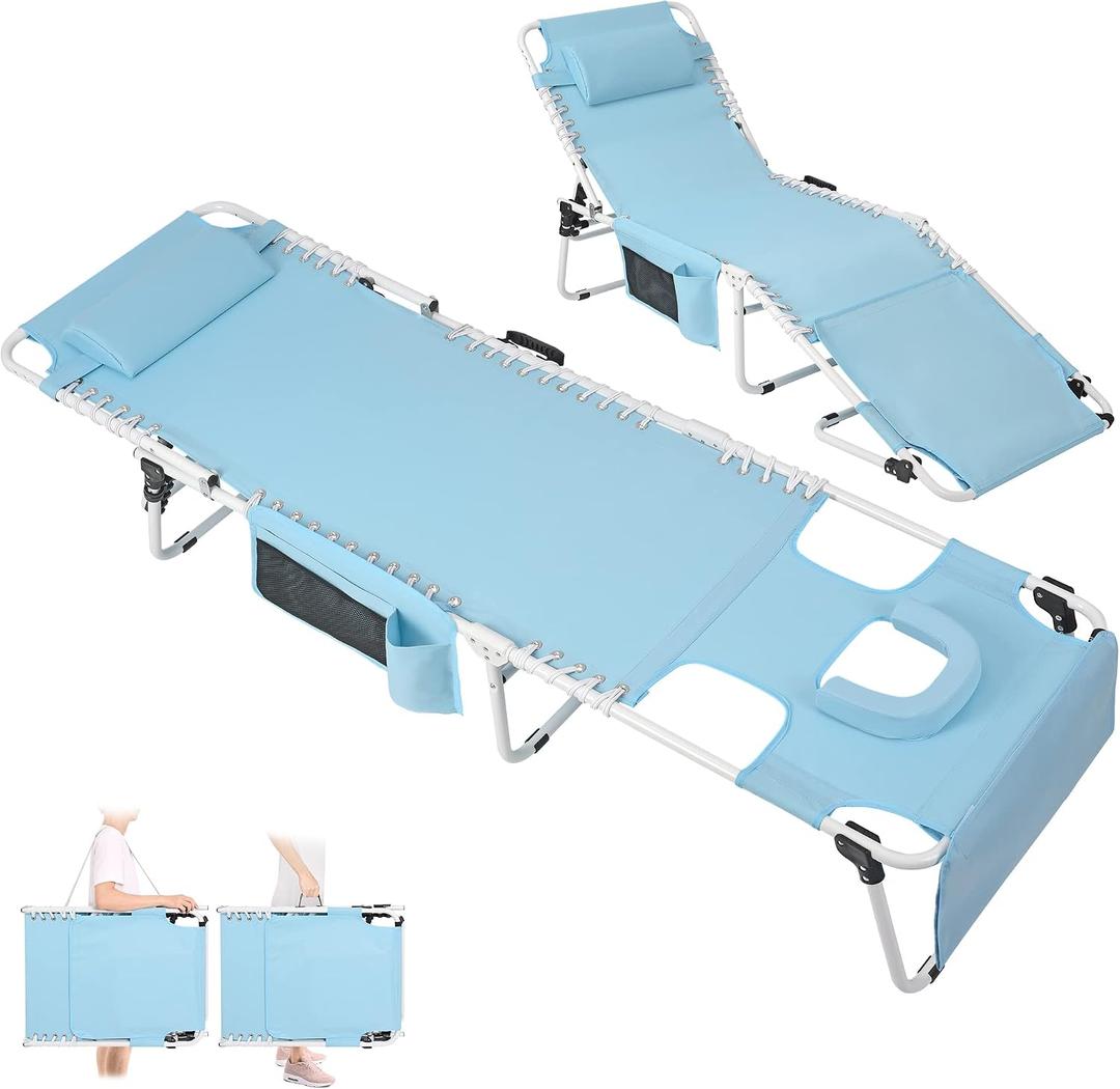 Heavy Duty Tanning Chair with Face Hole Adjustable 5-Position Folding Chaise Lounge Chairs for Outside Portable Lay Flat for Beach, Outdoor Sunbathing Patio Pool Lawn Camping Deck Poolside, Onesize