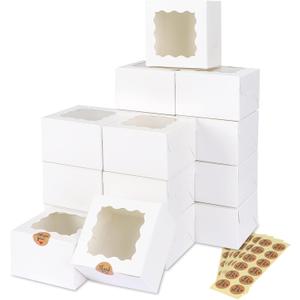 Moretoes 50pcs White Cookie Boxes with Window, 4x4x2.5 Inches Bakery Boxes with 5pcs Stickers for Small Cookies, Treats, Desserts, Chocolate Covered Strawberries, Mini Cake