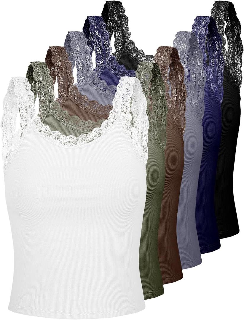 Hicarer 6 Pieces Lace Camisole Tank Tops Lace Trim Camisole Straps Womens Cami Undershirt Ribbed Tank Tops for Women (XXL)