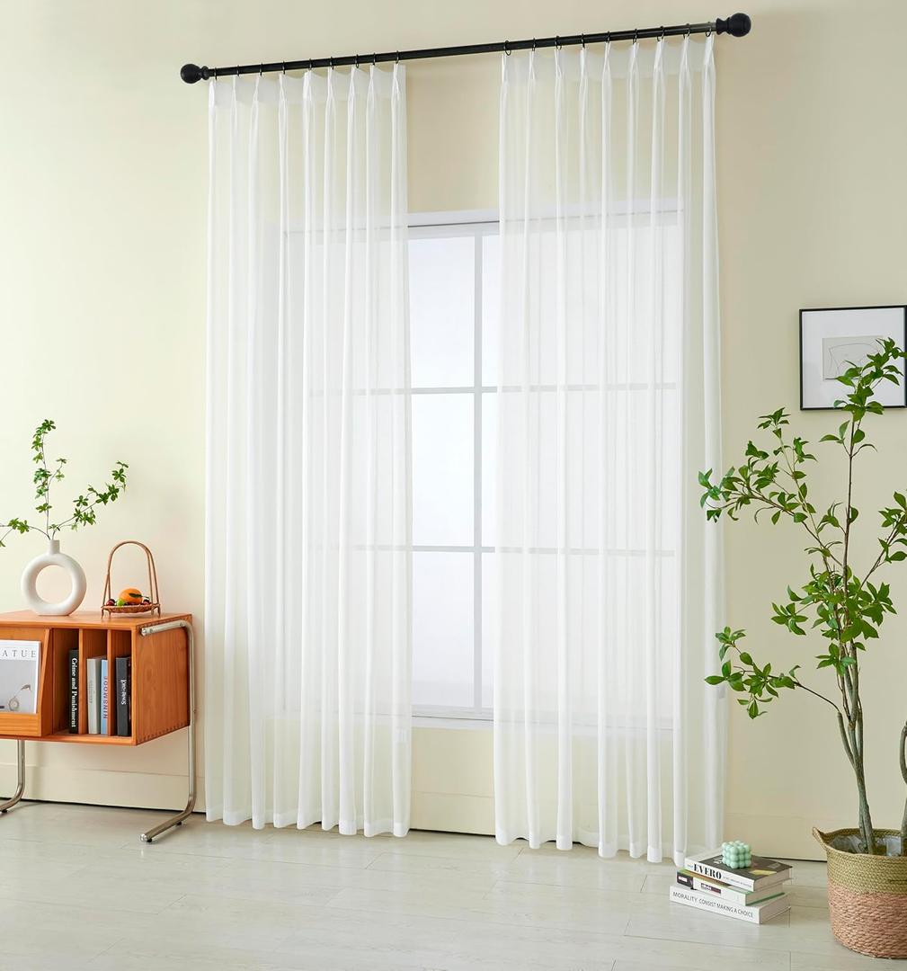 Non-See-Through White Sheer Pinch Pleated Curtains 102 Inches Long 2 Panel Set, Privacy Semi Sheer Window Treatments Light Filtering Window Curtains Drapes for Bedroom Living Room, 50Wx102L