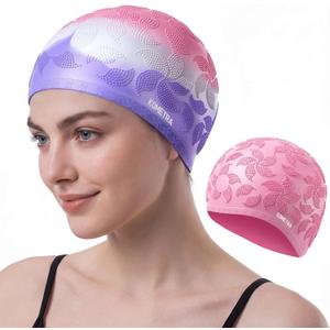 3 x Women Swim Cap 2 Pack for Long Hair, Silicone Flower Adult Swimming Caps Waterproof for Girl Youth No Wet Hair (Purple)