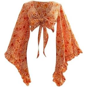 BEAUDRM Women's Y2K 70s Western Tops Tie Front Boho Tops Long Bell Sleeve Country Concert Outfits Cowgirl Hippie Disco Outfit, S, Orange