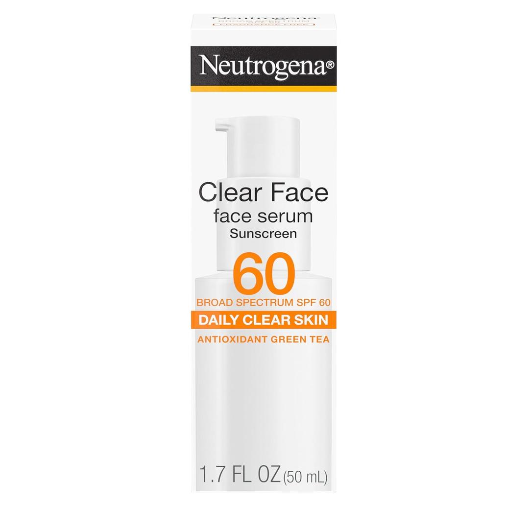 Neutrogena Clear Face Serum Sunscreen with Green Tea, Broad Spectrum SPF 60, Non-Comedogenic Face Sunscreen for Lightweight UVA/UVB Protection, Oxybenzone- & Fragrance-Free, 1.7 fl. oz