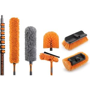 36 Foot High Reach Telescoping Duster Kit and Vinyl Siding Brushes with 5-30 ft Extension Pole // High Ceiling Cleaning and Window Washing kit // Exterior & Interior House and Gutter Cleaning Brush