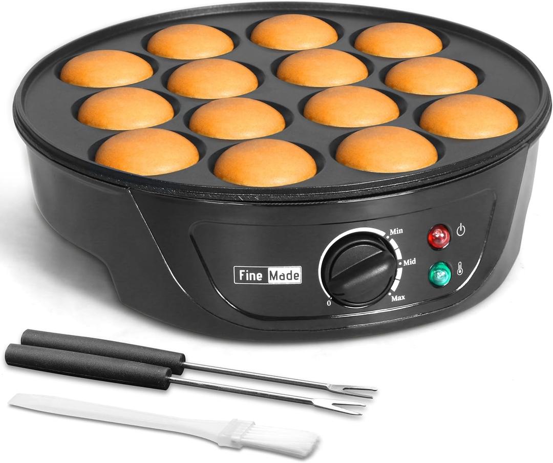 Non Stick Pancakes Maker Machine, Electric Poffertjes Pan with Browning Control, Mini Ebelskiver Aebleskiver Pan, Dutch Pancake Maker, with Brush & Forks, 14 Slots, Black