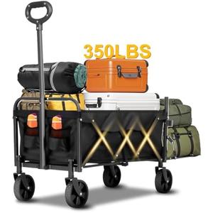 Folding Camping Wagon with Extended Tailgate, Portable Lightweight Utility Cart with Wheels, 350LBS Capacity Collapsible Beach Wagon for Outdoor, Groceries, Picnic, Travel - Compact & Easy Storage Black