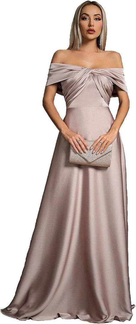 Women's Off The Shoulder Satin Maxi Dress, Elegant Twist Front Ruched Formal Evening Gown for Party (Beige, XL)