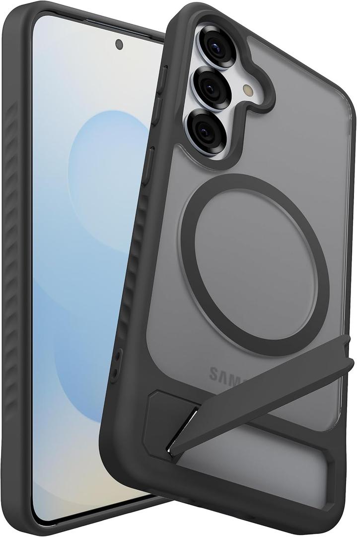 BNAAGO Magnetic for Samsung Galaxy S24 Case / S25 Case with Kickstand, Compatible with Mag-Safe, Slim Shockproof Grippy Translucent Matte Phone Cover, Built in Invisible Stand, Black