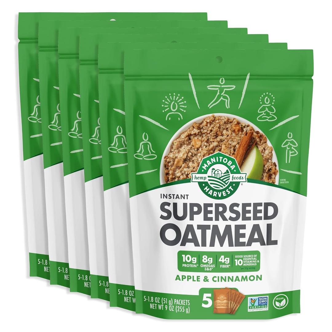 Manitoba Harvest Apple and Cinnamon Super seed Instant Oatmeal Packets - 10g Plant Protein and 9g Omega 3 and 6 per Serving - Breakfast Oats with 10 Essential Vitamins and Nutrients - Organic, Non-GMO, Vegan, 7oz (6  Packets) BB Date 10/2025