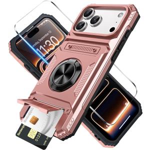 for iPhone 17 Pro Wallet Case with Card Holder + 1 Screen Protector, (2 Cards) & 360Ring Kickstand Military Grade Drop Shockproof Rugged Case for iPhone 17 Pro 6.3" (Rose Gold)