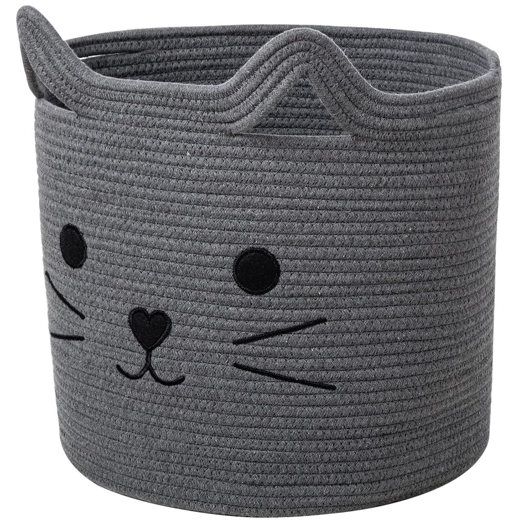 VK VKLIVING Large Basket for Organizing Cute Animal Storage Baskets Cat Toy Storage Woven Cotton Rope Hamper Organizer for Laundry, Towels, Blanket, Toys, Clothes, Gifts, Pet Bed 15''x14''