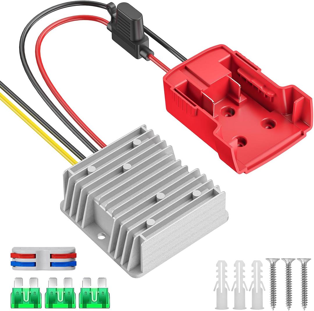 Azocek 18V to 12V Step Down Converter Compatible with Milwaukee 18V Battery Azocek Power Wheel Battery Adapter DC 12V 20A 240W Buck Converter Regulator with 30A Fuse & Wire Terminal