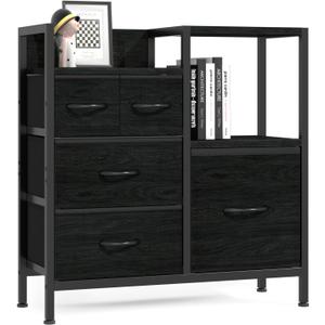 Furnulem Dressers for Bedroom Organization Fabric Dresser Units with 5 Storage Drawers Sturdy 2 Tier Shelf Large Space Drawer for Hallway Entryway Dorm Black (Black Oak)