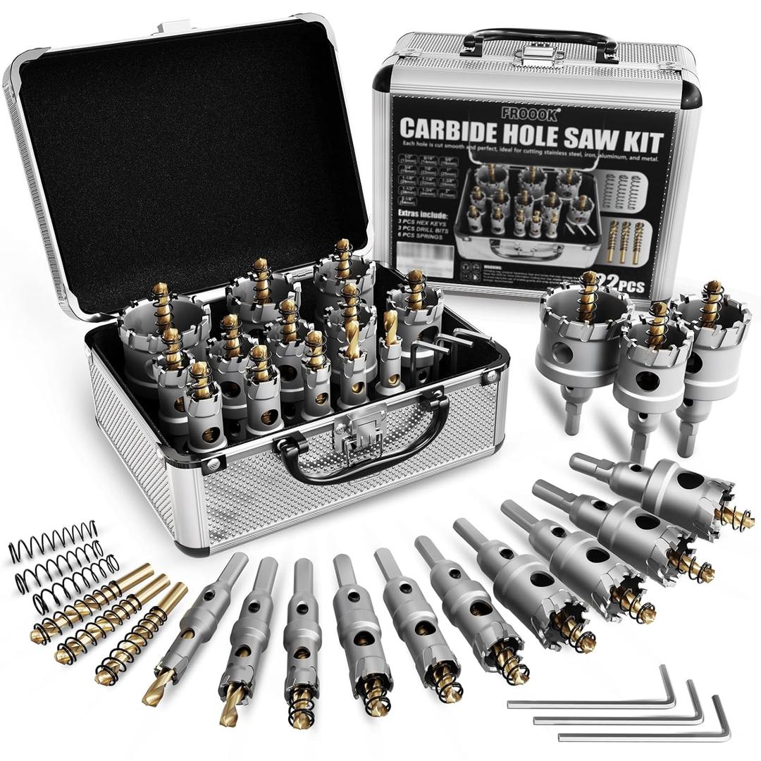 22PCS Carbide Hole Saw Kit for Metal - Heavy Duty TCT Hole Cutter Drill Bits Set with Titanium Pilot & 3 L-Wrench, for Stainless Steel,Iron,Aluminum,Metal