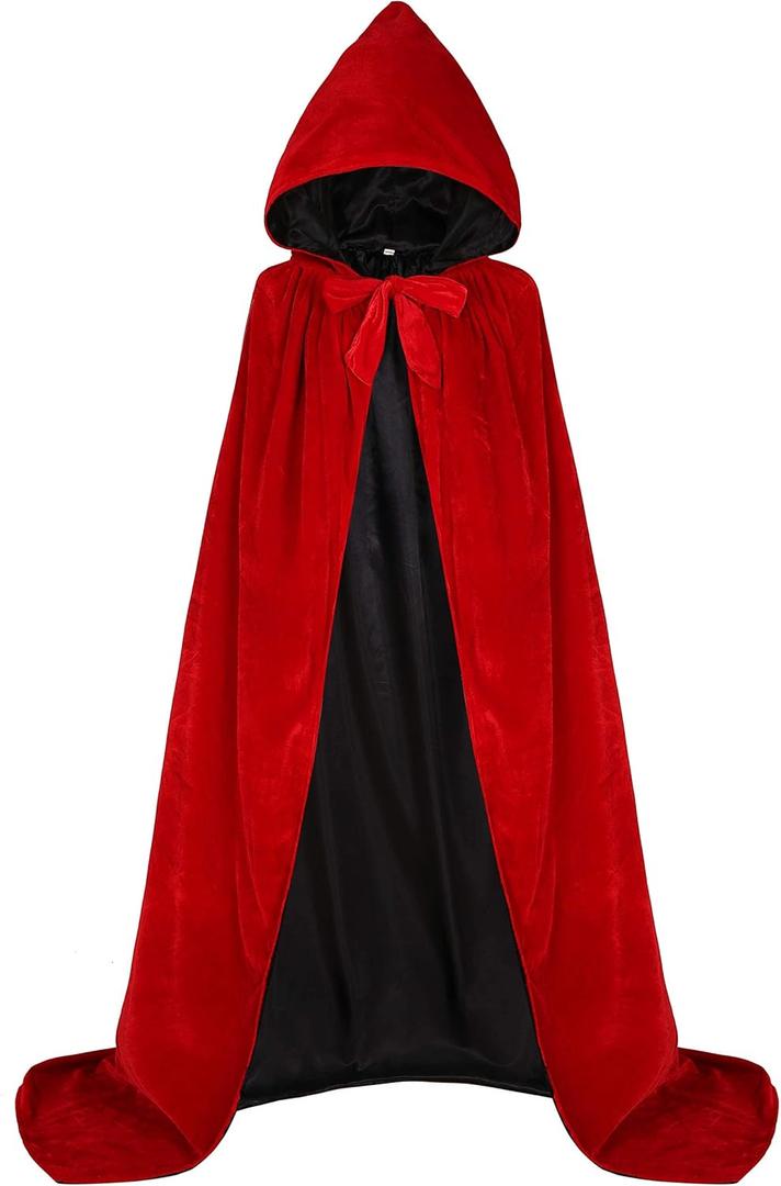Oumbivil Hooded Cape Reversible Cloak Velvet Satin Halloween Christmas Cosplay Costumes (Large)