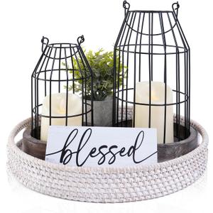Rustic Farmhouse Lanterns Set of 7, Modern Home Decor for Dining Table Centerpieces Living Room Fireplace Mantel Decoration, Brown