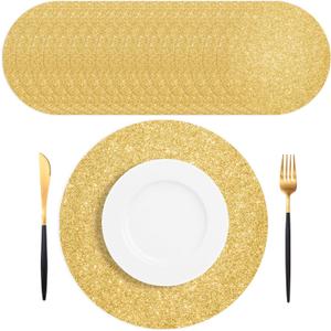 50 PCS Gold Placemats Disposable, Round Sparkle Table Place Mats, 13.5" Inch Shiny Golden Place Mats, for Birthday Wedding Holiday Party Home Dining Tableware