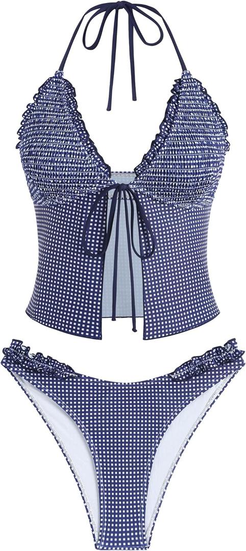 ZAFUL Tankini Swimsuits for Women Smocked Ruffles Tie Front Bowknot Textured High Cut Tanga Tankini Set (Medium, 33-midnight Blue)