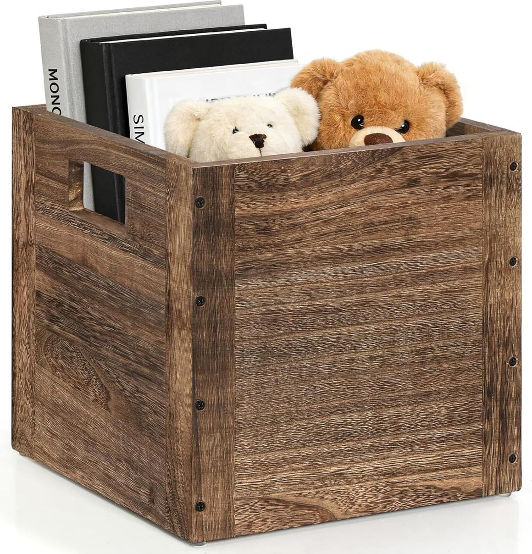 Wood Storage Cube for Home Organizer, Wooden Basket Cube Storage Organizer with Handle, Wood Crates for Storage Books Clothes Toys, Farmhouse Wooden Storage Box Brown Wooden Crate Cube Shelf