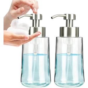 Doiliese Foaming Hand Soap Dispenser Set, 16 oz Large Glass Soap Dispenser, Foam Dispenser with Stainless Steel Pump & Waterproof Labels, Refillable Soap Bottles for Bathroom Countertop, 2 in 1 (Brushed Nickel Foaming)