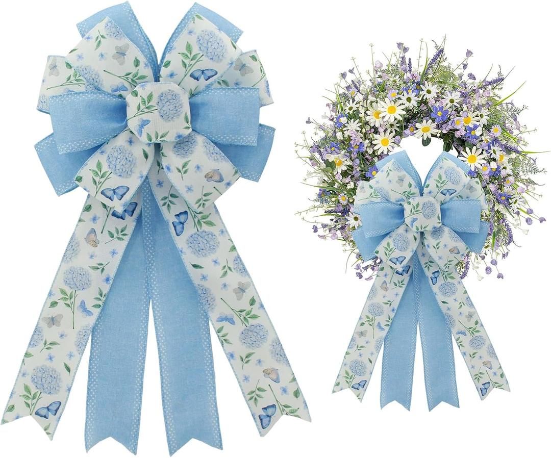20.87 Inch Large Spring Bows for Easter Decor, Hydrangea & Butterfly Blue Burlap Ribbon Bow for Indoor Outdoor Mantel, Staircase, Wreath, Home Holiday Ornament (Blue Hydrangeas)