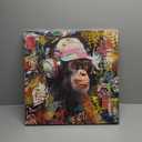 Modern Pop Art Monkey Canvas Wall Art, Street Graffiti Gorilla Canvas Painting, Abstract Banksy Listening To Music Monkey Posters Wall Art Living Kids Room Home Decoration, Ready to Hang 20 x20 IN