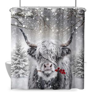 Highland Cow Shower Curtain Winter Rustic Bull Portrait Snowflake Christmas Trees Gray Shower Curtains for Bathroom 72 x72 Inch Xmas Berry Western Country Cattle Restroom Set with 12 Hooks