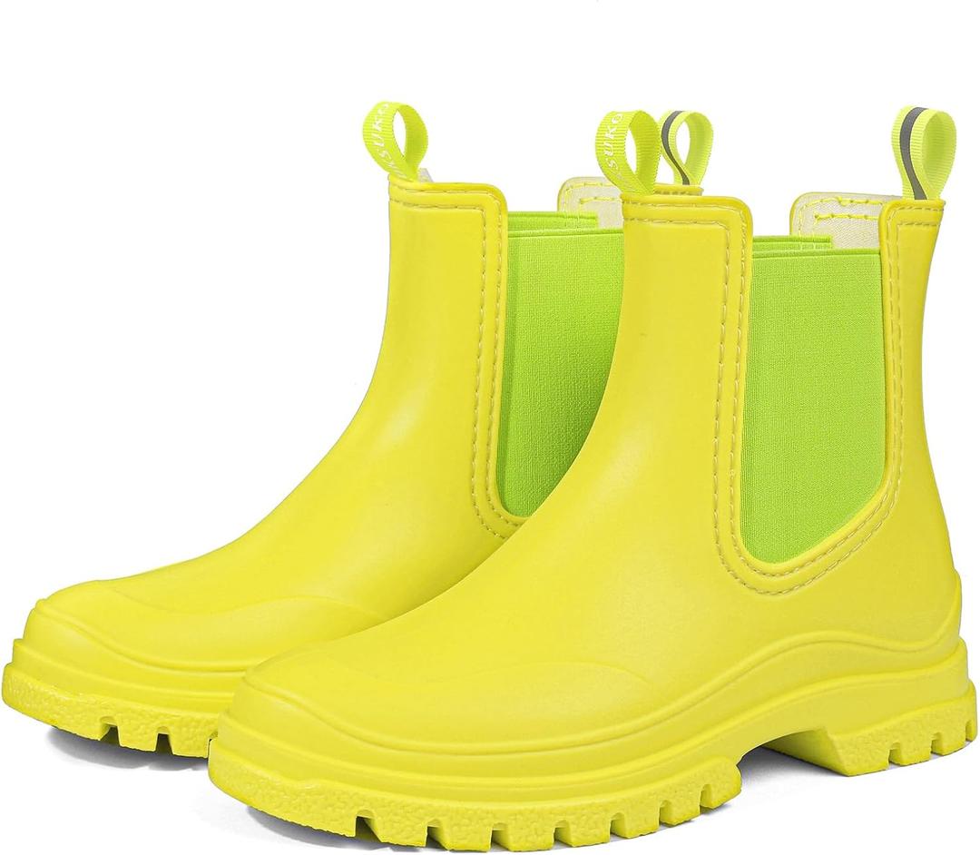 DKSUKO Women's Short Rain Boots Rubber Waterproof Garden Boots Elastic Slip On Ankle Chelsea Boot Fashion Insulated Rain Shoe for Outdoor Work Thick Sole (6.5 B(M) US, Fluorescent green)