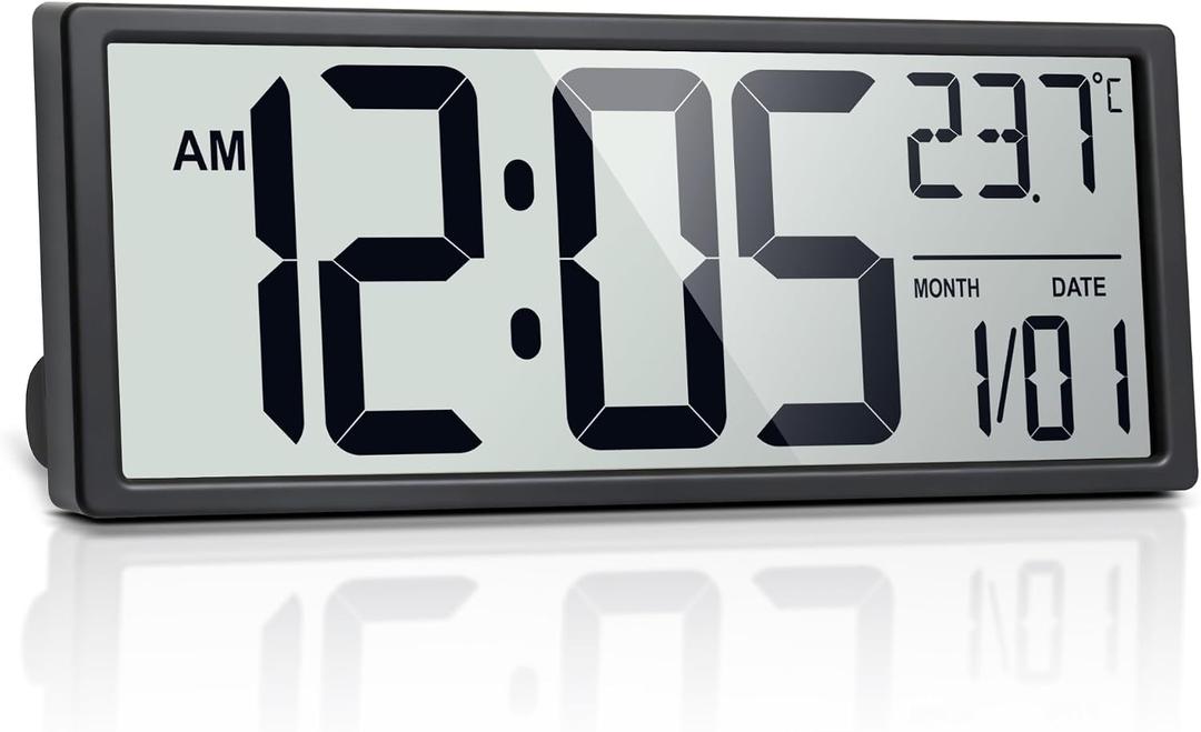 16" Large Digital Wall Clock Battery Operated with Big Display Numbers, Temperature and Date, Auto DST and Alarm, for Office, Classroom, Gym, Bedroom, Living Room