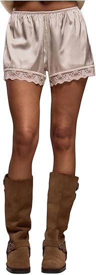 Women's Lace Trim Satin Shorts Shiny Elastic Waist Mini Shorts French Knickers (White, Small)