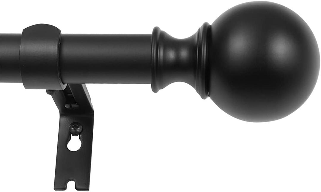 Black Curtain Rod for Window 72 to 144", Single Drapery Rod Matte Black Window Treatment, Adjustable 1" Diameter Thicken, Decorative With Classic Round Finial