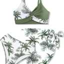 Girls Swimsuit, Bathing Suits 3 Piece Tropical Floral Twist Cross Bikini Sets Girls' Swimwear with Cover Up Skirt 7-16T (11-12, Green Palm)