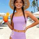 Girls Swimsuit Adjustable Straps Cut Out Swimwear 2 Piece Solid Color Tankini for Girls Bathing Suit 9-18Y (Purple)