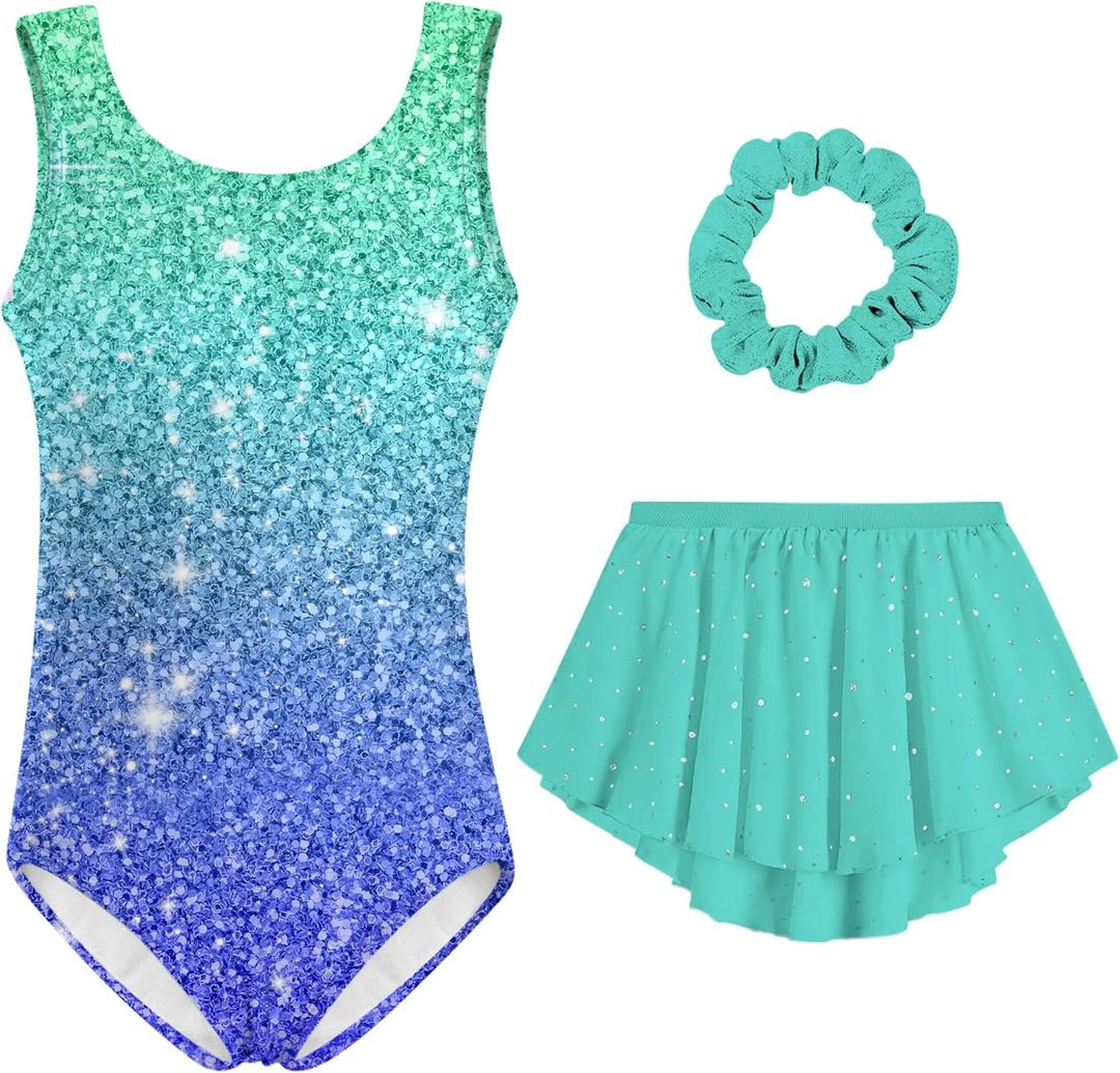 Idgreatim Girls Gymnastic Leotard Ballet Dance Dress Outfit with Removable Skirt Hair Scrunchie Combo 4-11 Years (5-6 Years, Greem Blue)