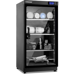FORSPARK 100L Large Camera Dehumidifier Dry Cabinet, Quiet Humidity Control Storage with Lock & 3 Adjustable Shelves for DSLR, Lenses, Drones, Electronics - 8W Energy Efficient, Black