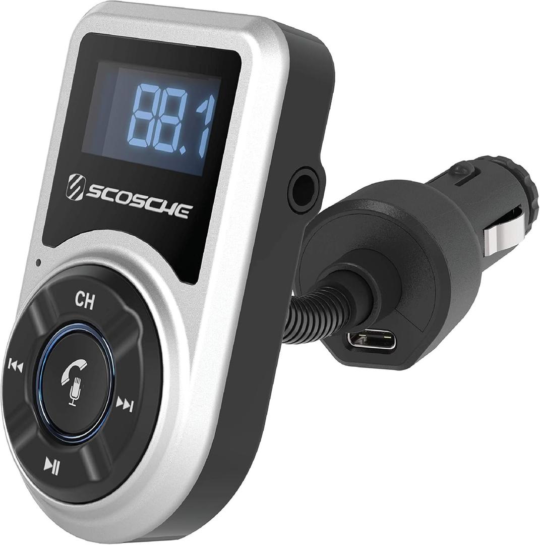 Scosche BTFMPD Universal Bluetooth Handsfree Car Kit with FM Transmitter and 18-Watt USB Car Charger, Silver (Single Port)