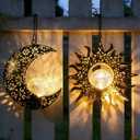 Solar Hanging Sun & Moon Lights Set for Outside,2 Pack Metal Lanterns Pierced Carving Soothing Lamp, Large Decorations for Yard Garden Patio Proch Tree Wall, Christmas Gifts for Women Mom