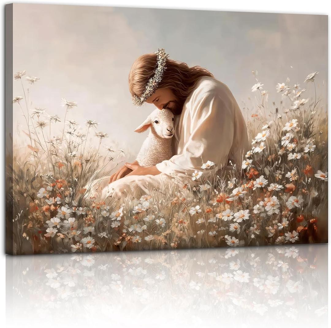 Christian Canvas Wall Art Jesus with Lamb Painting Wall Decor 16"L x 24"W